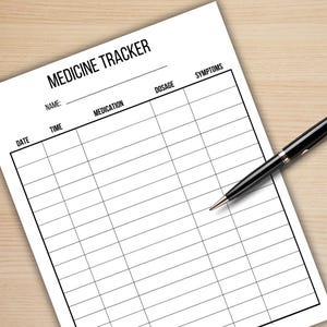 Può includere: Un tracker di farmaci stampabile con colonne per data, ora, farmaco, dosaggio e sintomi. Il tracker è progettato per aiutare le persone a tenere traccia dei loro farmaci e sintomi.