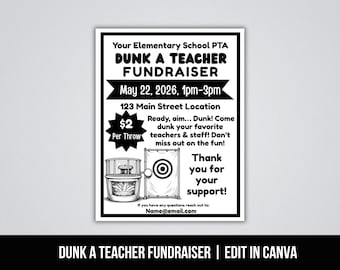 Bewerkbare Dunk A Teacher-inzamelactieflyer, Dunk Tank-inzamelingsactie, eindejaarsfeest, PTA school, PTO-flyersjabloon evenement, leuk schoolcarnavalevenement