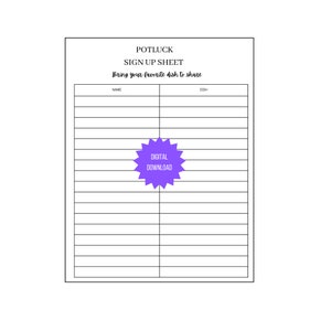 Potluck Sign up Sheet, Pot luck Signup sheet, Potluck Sign up sheet for work, covered dish sign up, party food sign up, potluck printable