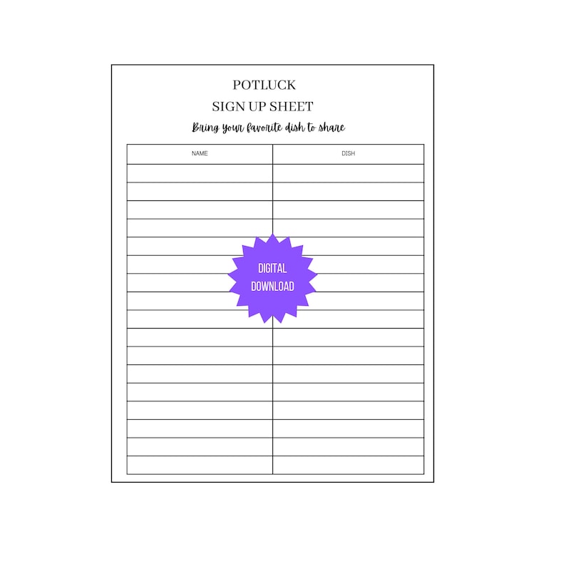 Potluck Sign up Sheet, Pot Luck Signup Sheet, Potluck Sign up Sheet for ...