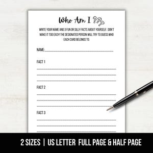 May include: A white sheet of paper with the text "Who Am I??" at the top, followed by instructions and lines for writing. A black pen rests on the right side of the paper. The bottom of the paper reads "2 SIZES | US LETTER FULL PAGE & HALF PAGE".