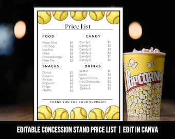 Bewerkbaar Softbal Concessie Stand Prijslijstmenu, Softbal Concessie Stand Bord, Softbal Concessie Menusjabloon, Snackmenu Honkbal