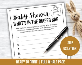 Inhoud van de luiertas Babyshowerspel, babyshowerspelletjes, leuk raadspel babyshower, minimalistisch zwart en wit