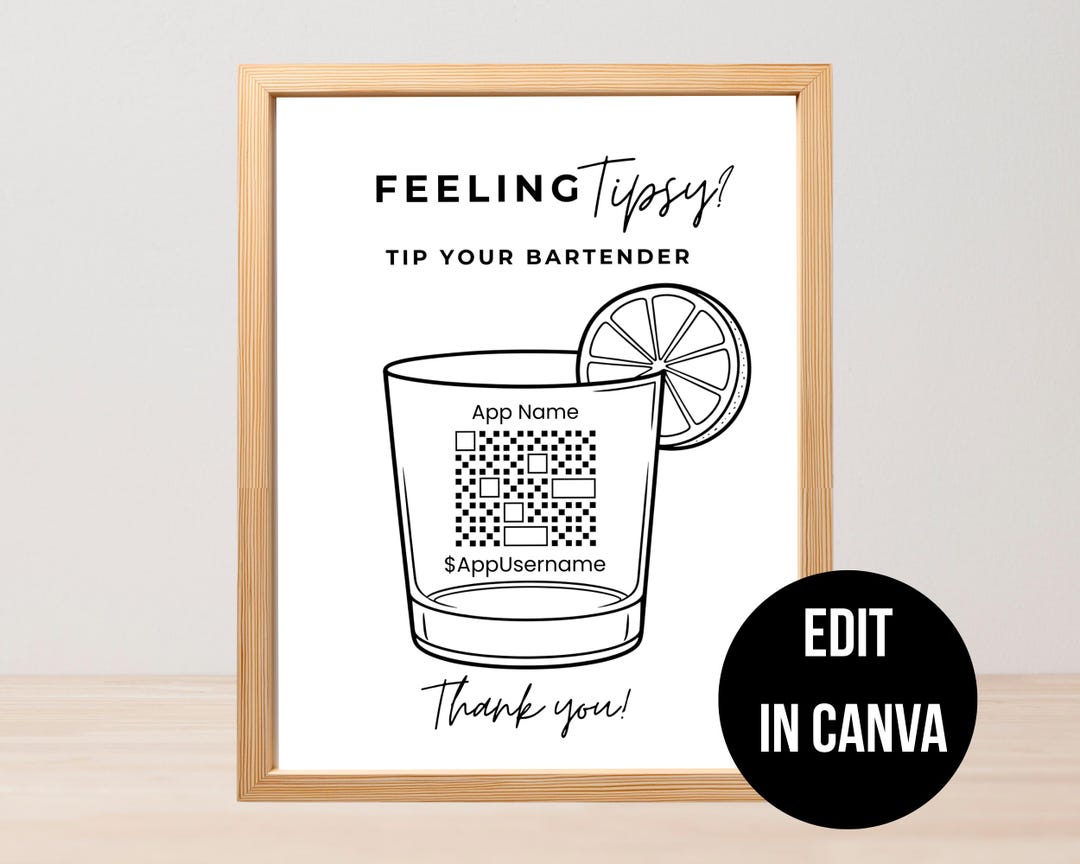 Editable Bartender Virtual Tip Jar Sign Template QR Code Sign, Feeling ...