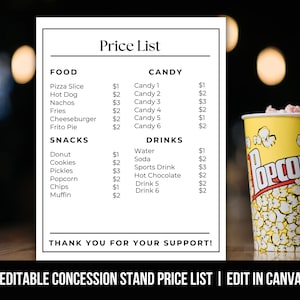 Op de afbeelding: Een gele popcornemmer met het woord "Popcorn" in rode en witte tekst. Een prijslijst voor eten, snoep, snacks en drankjes wordt weergegeven op een witte achtergrond. De tekst "Editable Concession Stand Price List | Edit in Canva" staat onderaan.