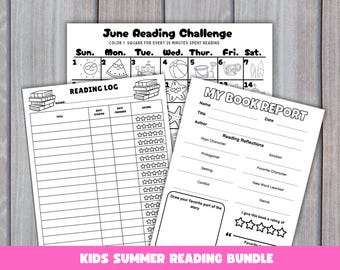 Monthly Reading log Kids Bundle for June, Summer Reading Printable,  Kids Reading Book Report, Kids Book Tracker Reading Challenge Summer