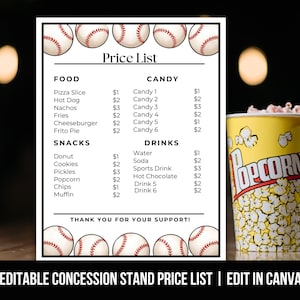 May include: A yellow popcorn bucket with the word "Popcorn" printed on it sits next to a concession stand price list. The price list features baseballs at the top and bottom, with food, snacks, candy, and drink options.