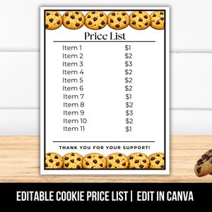 Plantilla editable de menú de galletas, plantilla de lista de precios de galletas, letrero para venta de pasteles, precios de galletas, letrero para exhibición de galletas, tabla de precios de galletas