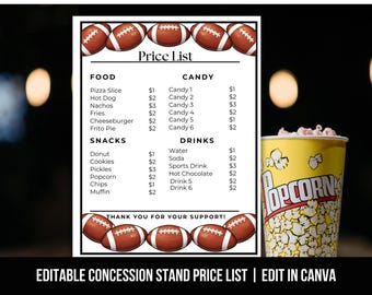 Menú editable de concesiones de fútbol, plantilla sencilla de menú de comida, lista de precios de menú de snack bar, letrero de concesión