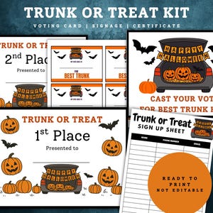 Może przedstawiać: Zestaw materiałów do druku o tematyce Halloween, w tym karty do głosowania, znaki i certyfikaty. Projekty przedstawiają pomarańczowe dynie, nietoperze i bagażnik samochodowy udekorowany na Halloween. Tekst zawiera "Trunk or Treat".