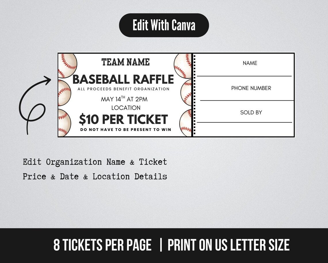 Baseball Ticker Raffle Editable Baseball Fundraiser Raffle Ticket Template, Raffle Ticket for ...