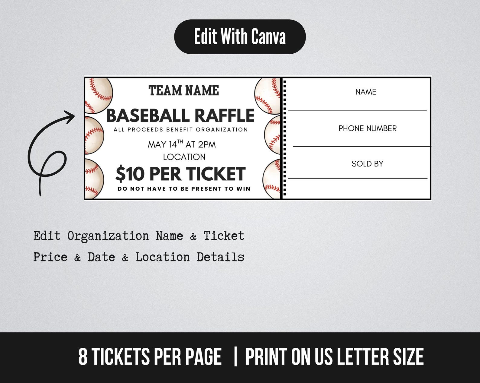 Editable Baseball Fundraiser Raffle Ticket Template, Raffle Ticket for
