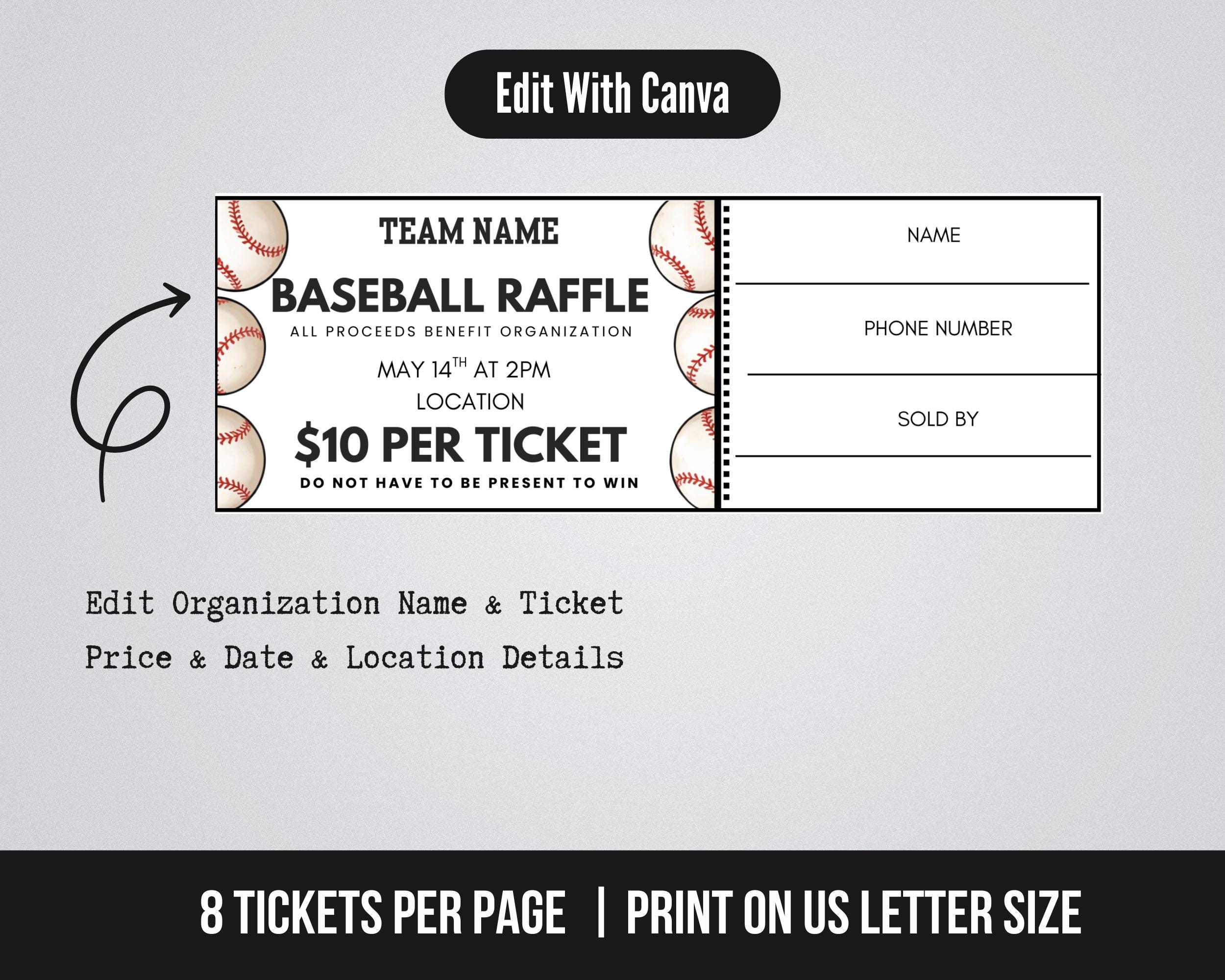 Editable Baseball Fundraiser Raffle Ticket Template, Raffle Ticket for ...