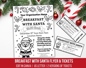 May include: A black and white flyer and tickets for a Breakfast with Santa event. The flyer includes the event name, date, time, and price. The tickets have a Santa graphic and event details. Festive candy canes and baubles are in the background.