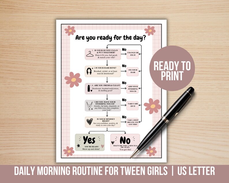 Flowhcart Example Morning Routine Tween Girl Daily Routine Checklist Chart, Tween Girl Morning Checklist ...