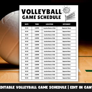 Op de afbeelding: Een zwart-wit volleybal wedstrijdschema met een volleybal- en netgrafiek. Het schema bevat kolommen voor datum, tijd, locatie en tegenstander. De tekst "EDITABLE VOLLEYBALL GAME SCHEDULE | EDIT IN CANVA" staat onderaan.