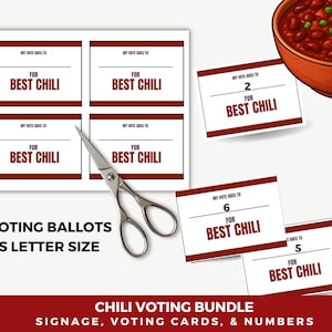 May include: A collection of chili voting ballots and signage. The ballots read "My vote goes to For Best Chili." The image includes a bowl of chili, scissors, and voting cards with numbers. The text "Voting Ballots US Letter Size" is also visible.