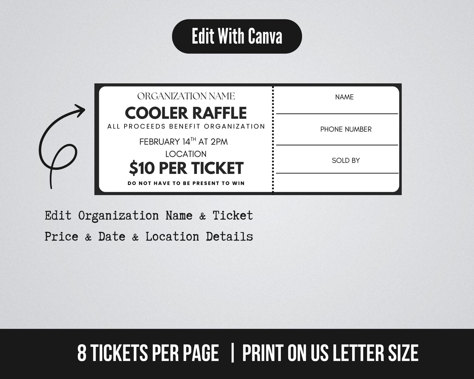 Pta Raffle Editable Cooler Raffle Fundraiser Ticket Template, Raffle Fundraiser ...