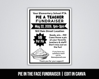 Bewerkbare flyer voor Pie A Teacher-inzamelingsactie, Pie in the Face-inzamelingsactie, Pie Me, PTA school, PTO-evenementflyersjabloon, leuk schoolevenement