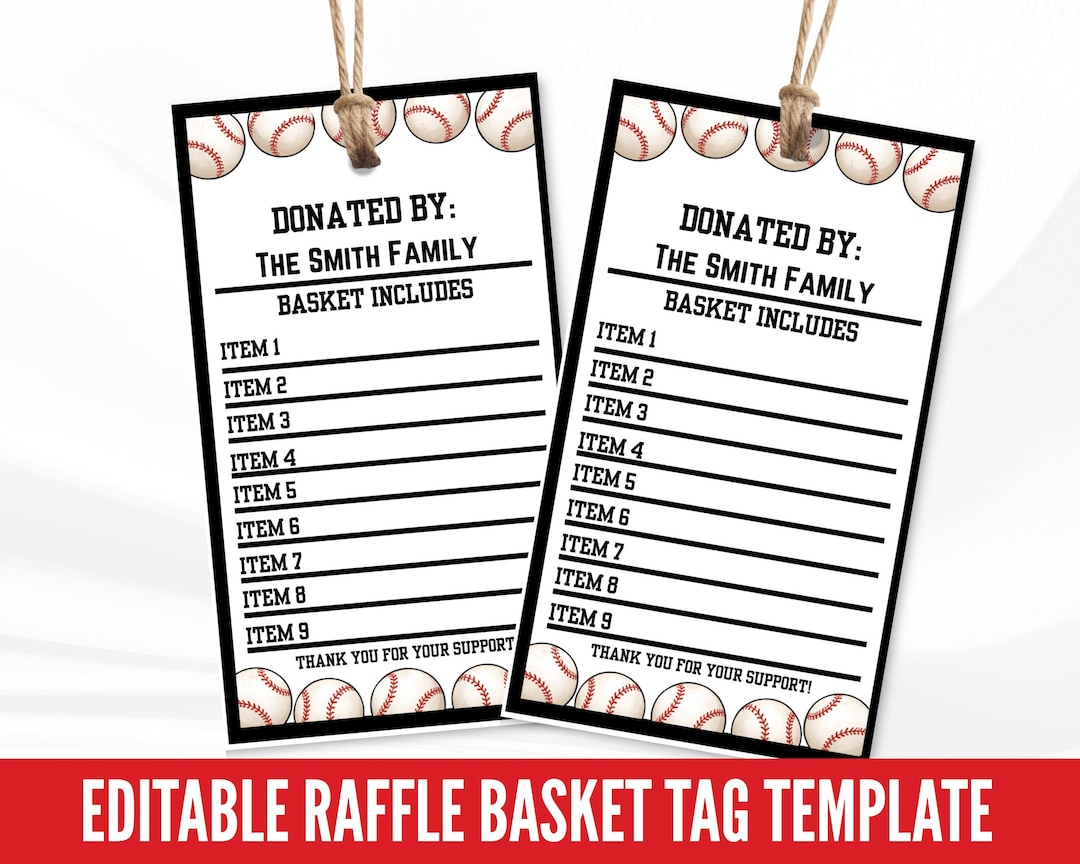 Baseball Raffle Card Editable Baseball Raffle Basket Tags, Silent Auction Tag Template ...