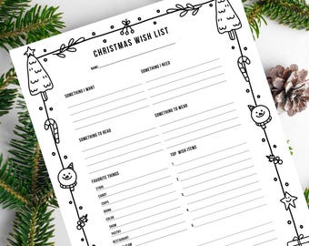 May include: A black and white printable Christmas wish list with a festive border. The list includes sections for "Something I Want", "Something I Need", "Something to Read", "Something to Wear", "Favorite Things", and "Top Wish Items".