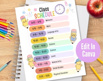 Plantilla editable de horario de clase, hoja de horario de clases para padres para el regreso a clases, horario diario, horario del maestro, horario para la educación en casa