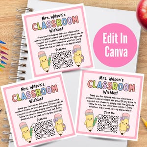 Bewerkbaar sjabloon voor een wensenlijst voor in de klas, QR-code kaarten voor de wensenlijst van de leerkracht, terug naar school, open dag, kennismakingsavond met de leerkracht, sjabloon voor leerkrachten