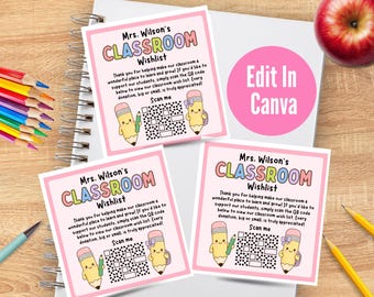 Plantilla editable para la lista de deseos del aula, tarjetas con código QR para la lista de deseos del profesor, regreso a clases, jornada de puertas abiertas, reunión con el profesor, plantilla para el profesor