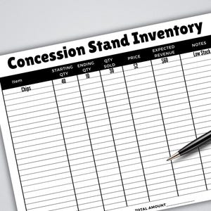 May include: A printed concession stand inventory sheet with the title "Concession Stand Inventory" at the top. The sheet includes columns for item, starting quantity, ending quantity, quantity sold, price, expected revenue, and notes. A black pen rests on the sheet.