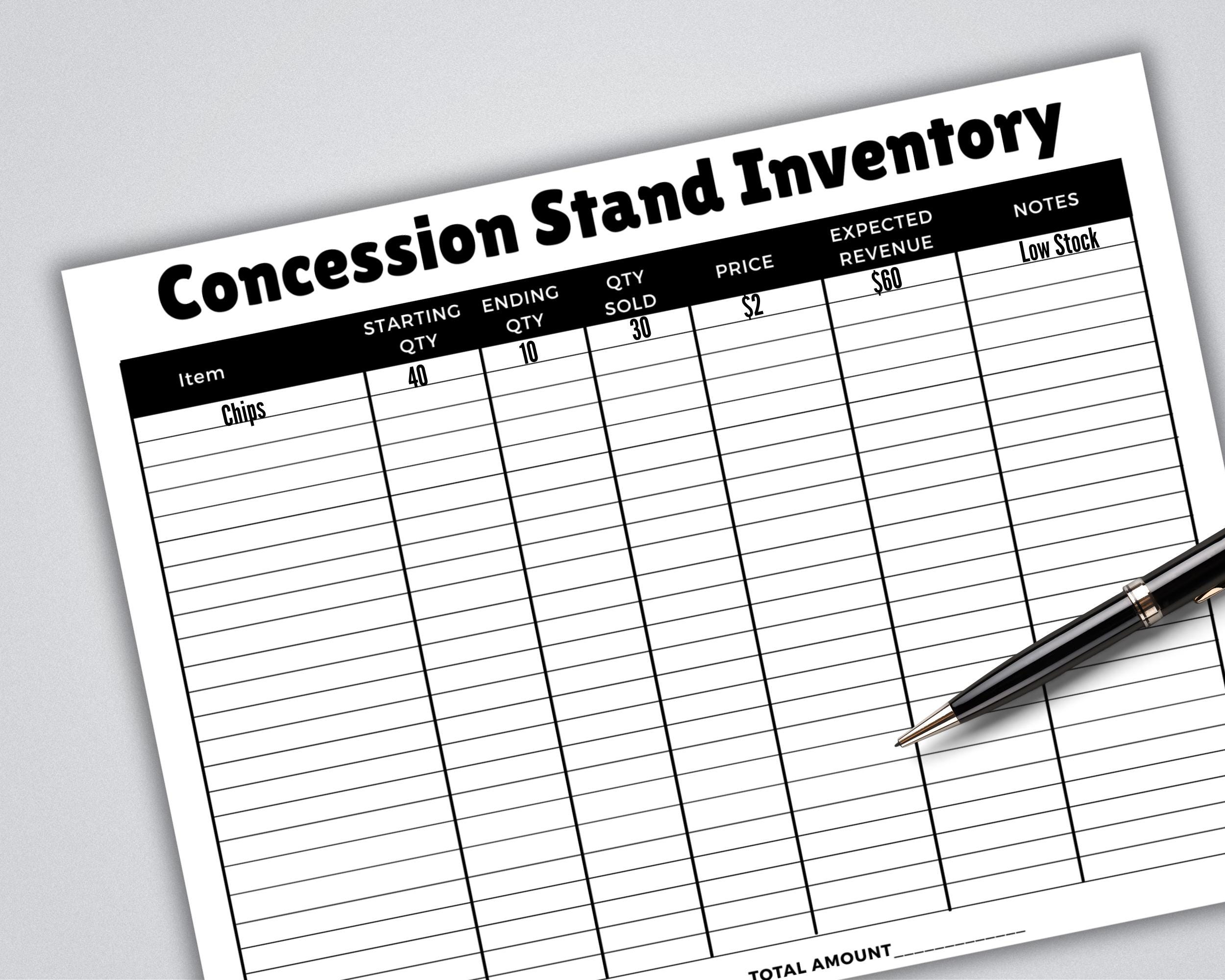 Concession Stand Inventory Form, Snack Inventory Tracker Form, Food ...