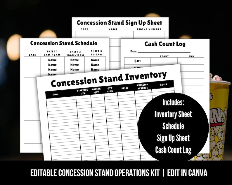 Editable Concession Stand Operations Organizer Kit ,concession ...