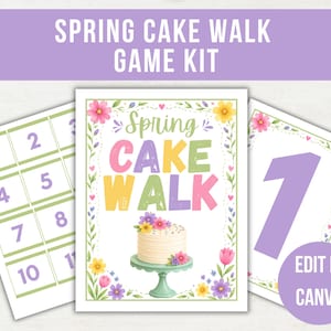 Op de afbeelding: Een Spring Cake Walk Game Kit met een lavendelkleurige banner. De kit bevat een spelbord met nummers, een bord met de woorden "Spring Cake Walk" en een cake-illustratie, en een nummerkaart. De tekst "Edit in Canva" is ook zichtbaar.