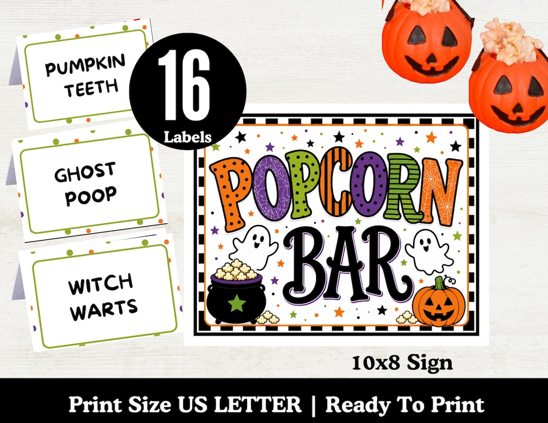 Halloween Popcorn Bar Sign and Popcorn Bar Topping Labels , Spooky ...