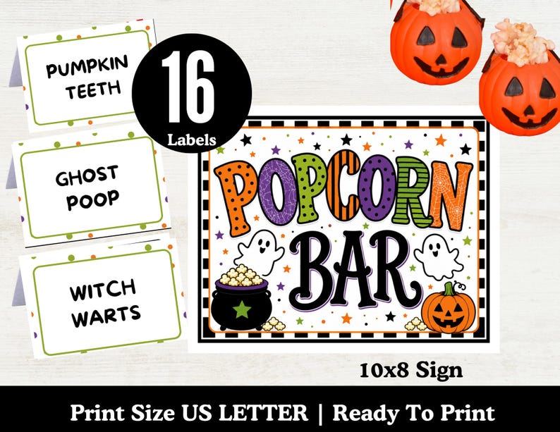 Halloween Popcorn Bar Sign and Popcorn Bar Topping Labels , Spooky ...