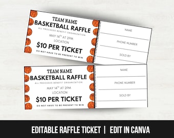 Bewerkbare basketbal fundraiser loterij ticketsjabloon, loterijticket voor basketbal fundraiser, reisteam, jeugd, school, booster, club