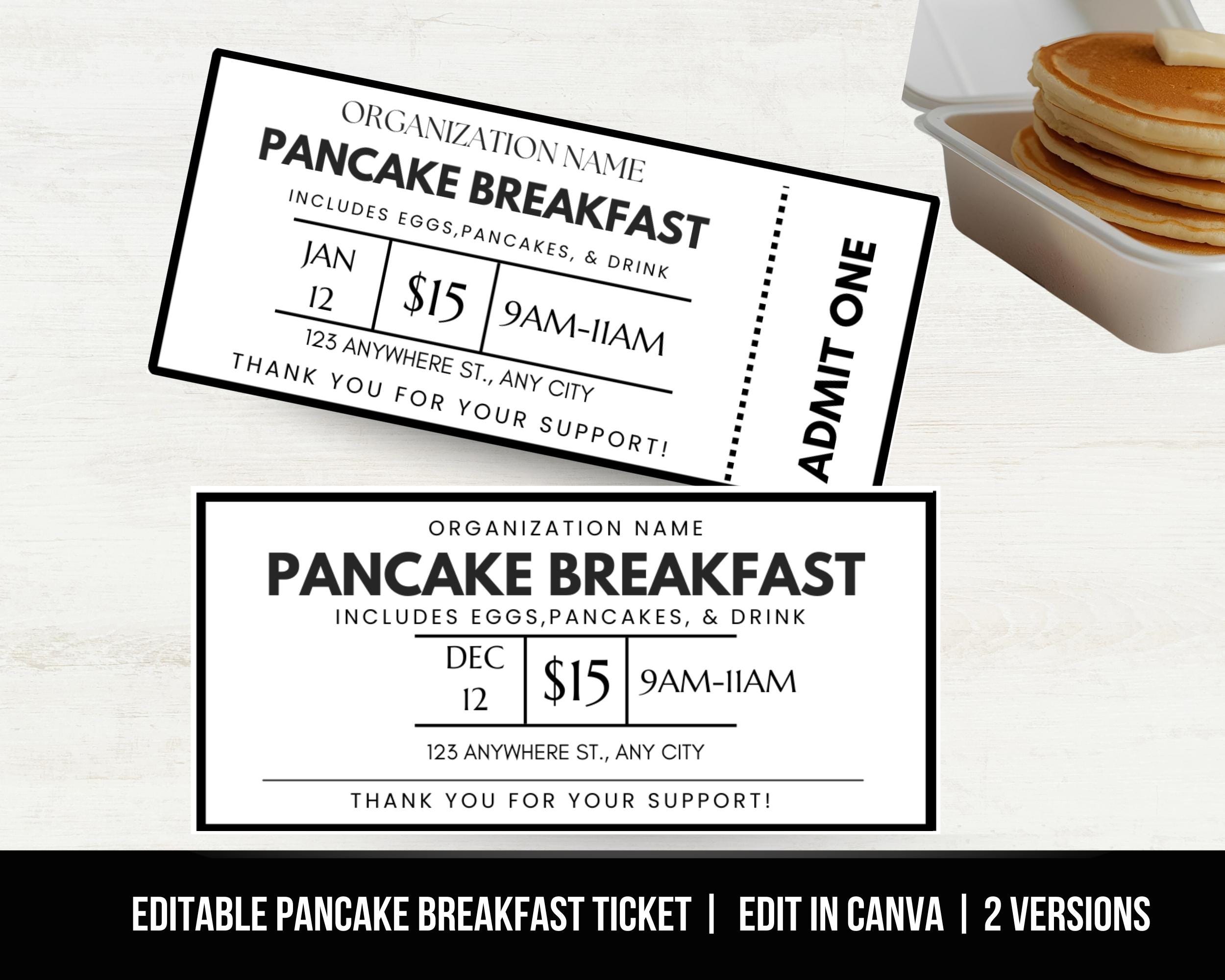 Editable Pancake Breakfast Fundraiser Ticket, Breakfast Plate Sale ...