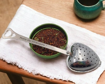 Personalized laser engraved tea infuser - Heart-shaped stainless steel tea spoon. Personalized gift.