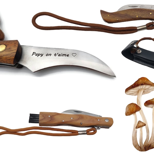 Couteau champignon personnalisé Teck ou bois d'acacia  . Cadeau personnalisé . Gravure incluse -