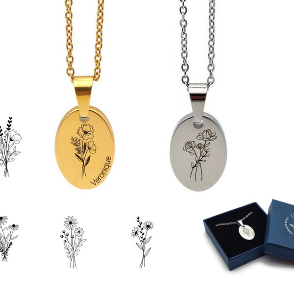 Pendentif personnalisé bouquet de fleurs et prénom gravé en acier inoxydable