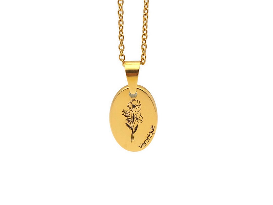 Pendentif personnalisé bouquet de fleurs et prénom gravé en acier