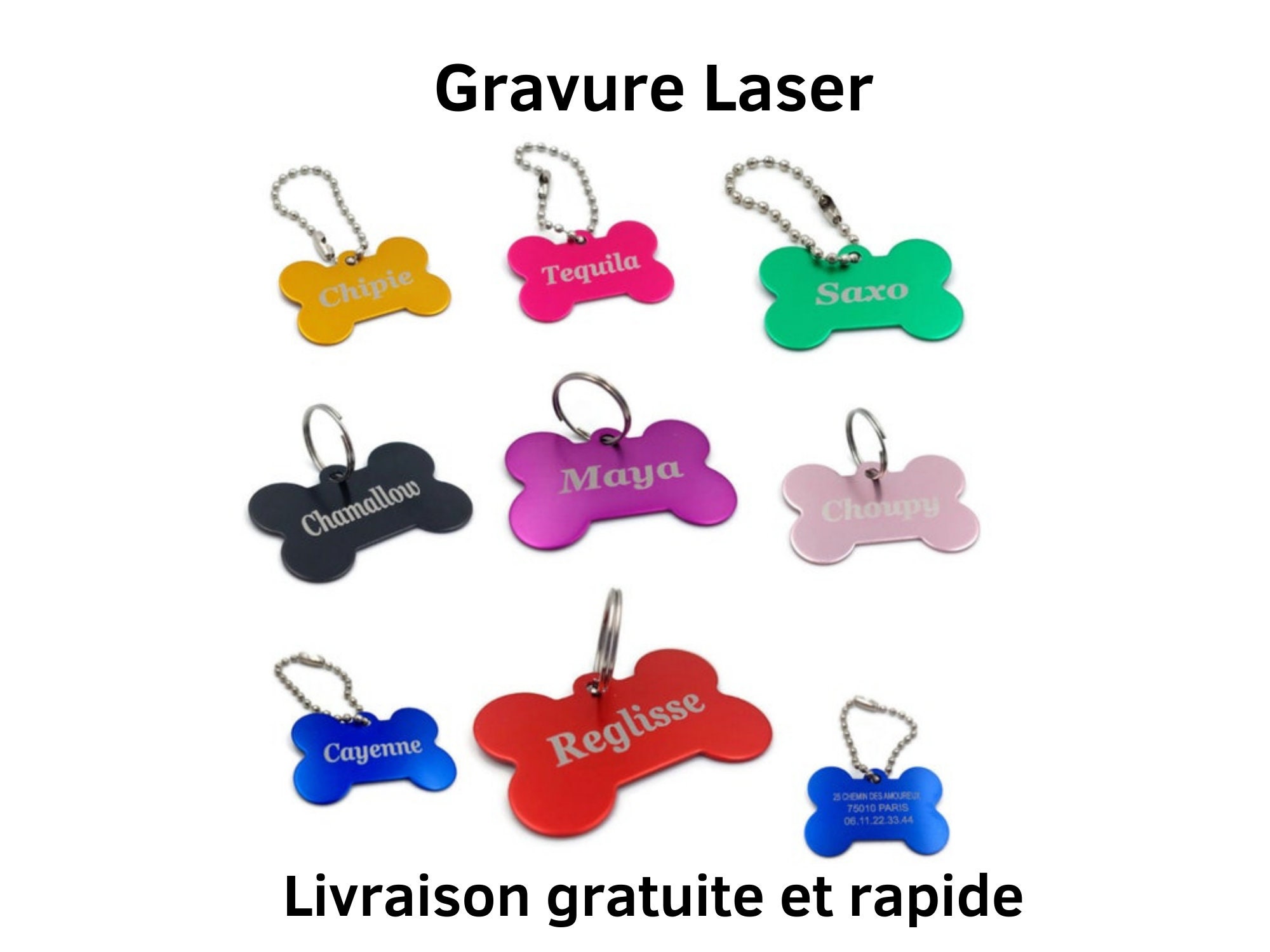 Dog identification tag with double-sided engraving. Choice of ball chain or ring attachment