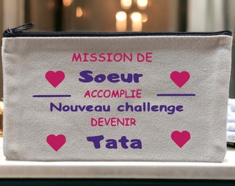 Pochette annonce grossesse pour Tata, annonce grossesse à sa soeur. Annonce futur bébé originale - Pochette trousse maquillage.