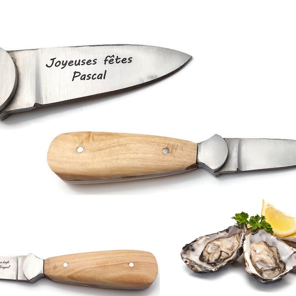 Couteau à huîtres personnalisé - Acier inoxydable et Teck  . Cadeau personnalisé . Gravure incluse