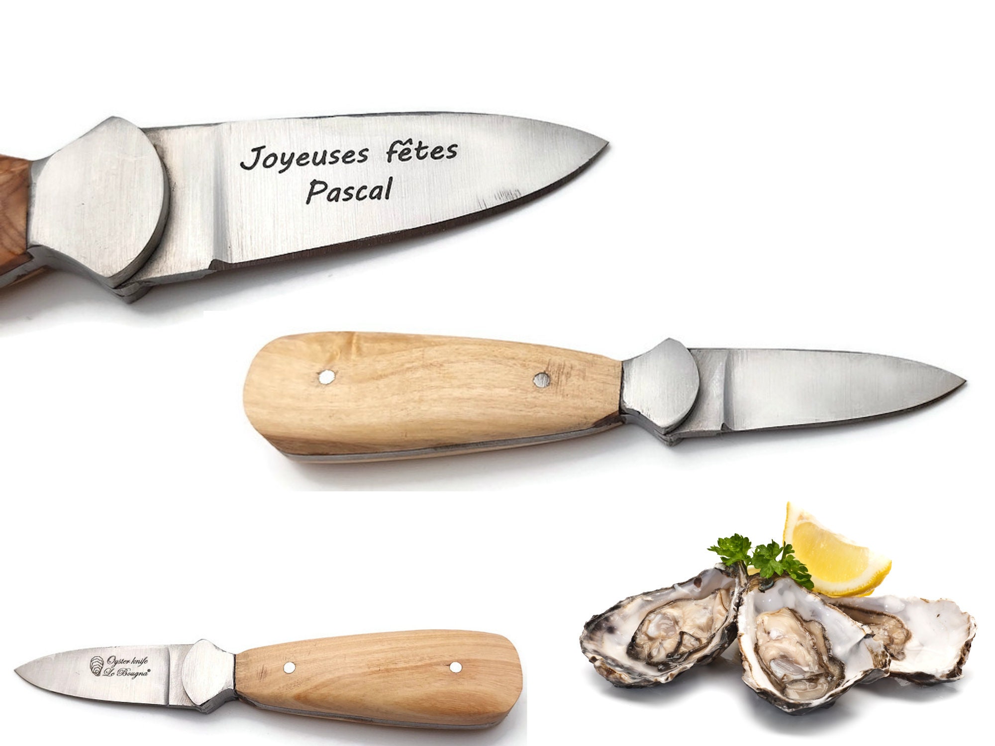 Petit couteau à huître avec un manche en coquilles d'huîtres recyclées