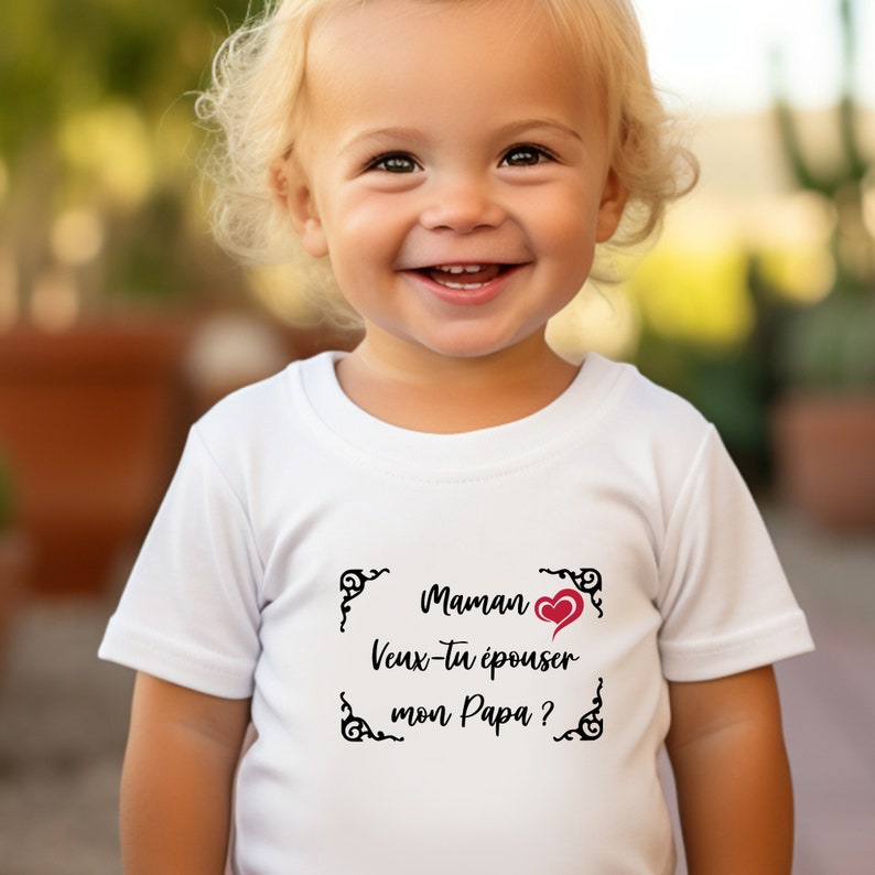 Tee-shirt enfant demande en mariage . Maman veux-tu épouser mon Papa idée originale demande en mariage image 3