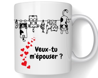 Mug céramique demande en mariage. Veux-tu m'épouser ? Mug original avec petits chats pour une demande réussie. Livraison Mondial Relay