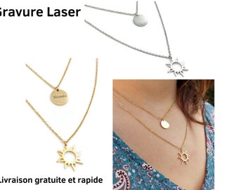 Double chain necklace with sun and medal to customize in stainless steel. Personalized gift .