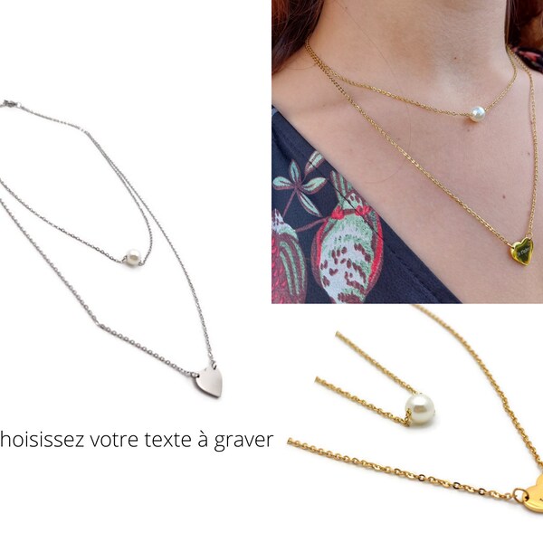 Collier double chaîne avec perle et coeur à personnaliser