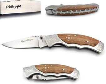 11.5 cm switchblade knife with personalized wood and steel engraving. Personalized gift. Engraving included