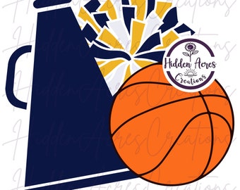 Puede incluir: Ilustración digital con un megáfono azul marino, una pelota de baloncesto y un pompón en amarillo, blanco y azul marino. La pelota de baloncesto es naranja con líneas negras. También hay un logotipo circular con el texto "Hidden Acres Creations".